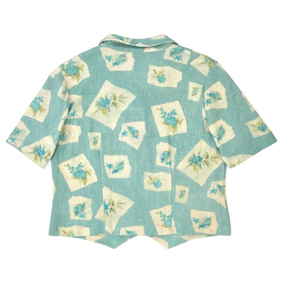 Vintage Blue & Cream Floral Retro Short Sleeve Button Up Shirt Blouse Top sz L - Picture 2 of 7